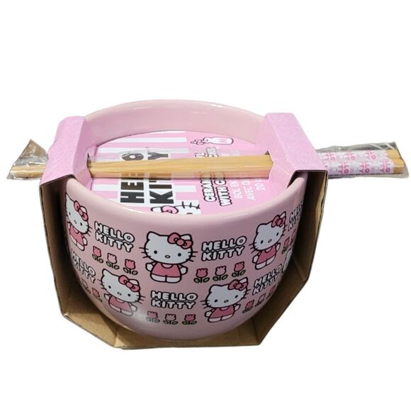 Hello Kitty Ceramic Ramen Bowl with Chopsticks - Floral Pattern Pink 20 OZ - Picture 12 of 12
